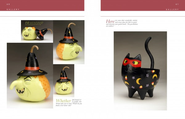 Four images display "Making Gourd Bowls with the Fairy Gourdmother®" by Schiffer Publishing, Ltd.: a pumpkin gourd with a witch's face and hat from different angles, plus a black cat figurine with stars, moons, and a red mask.
