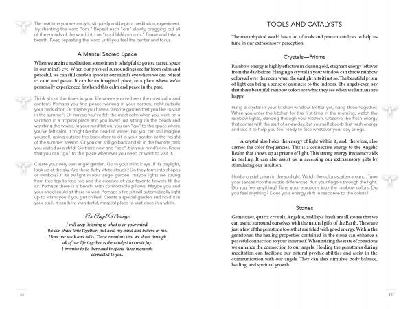 Two pages from "Angel Relationships" by Schiffer Publishing, Ltd. guide readers on creating a mental sacred space and connecting with angels using crystals and prisms; text is black on white with decorative corner accents.
