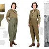 Two women model WWII U.S. Army uniforms, as seen in "Women For Victory Vol 2" by Schiffer Publishing, Ltd., featuring olive drab shirts, high-waisted pants, brown boots, and details from the Women’s Army Auxiliary Corps.