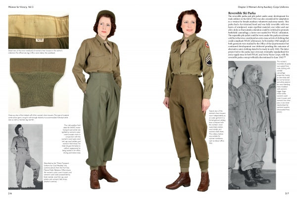 Two women model WWII U.S. Army uniforms, as seen in "Women For Victory Vol 2" by Schiffer Publishing, Ltd., featuring olive drab shirts, high-waisted pants, brown boots, and details from the Women’s Army Auxiliary Corps.