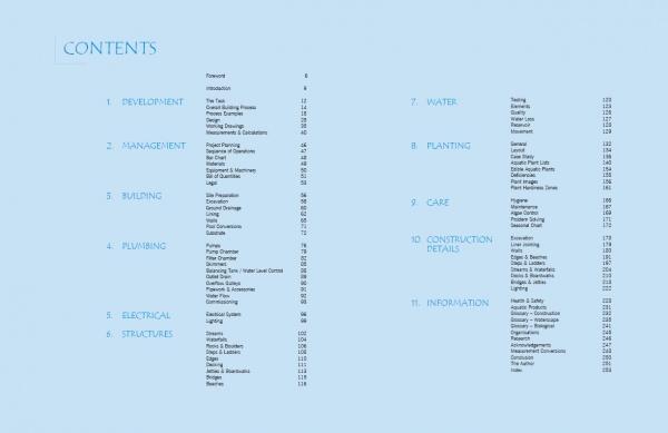 A Guide to Building Natural Swimming Pools by Schiffer Publishing, Ltd. features a light blue table of contents with 11 main sections, covering eco-friendly construction and maintenance tips for natural pools.