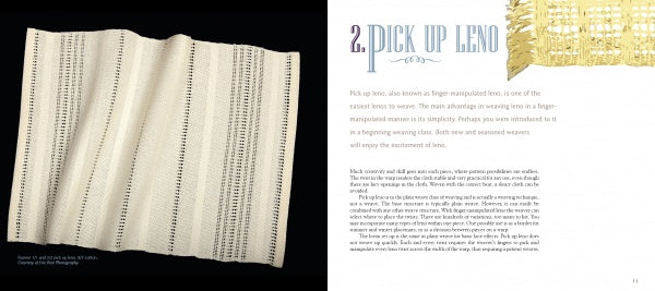 On the left is a cream-colored leno weave fabric. On the right, “2. Pick Up Leno” discusses weaving techniques, with a small photo of yellow leno lace fabric, from Weave Leno by Schiffer Publishing, Ltd., at the top right.