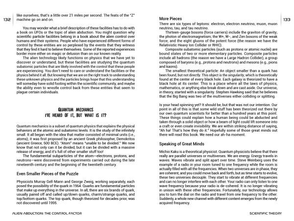 A two-page spread from "Alien Abduction" by Schiffer Publishing, Ltd. displays dense black text on white pages, with columns and section headings including QUANTUM MECHANICS, More Pieces, and mind control.