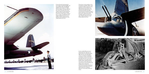 A two-page spread in Schiffer Publishing, Ltd.'s "B-26 Marauder" shows WWII bombers: left, a row of planes with a soldier at attention; right, close-ups of the nose, cockpit, and black-and-white mechanical details below.