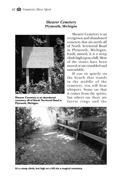 A page from "Ghosts of Southeast Michigan" by Schiffer Publishing, Ltd. displays a wooden Shearer Cemetery sign at an overgrown Plymouth, MI path, sunlight streaming through trees onto the historic site.
