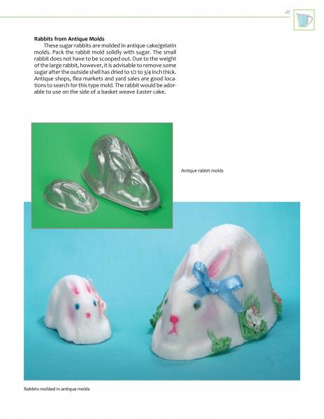 Sugar Art by Schiffer Publishing, Ltd. features two metallic rabbit molds and two crafted sugar rabbits—one with blue ribbon and flowers—highlighting cake decorating and sugar artistry on a light blue background.