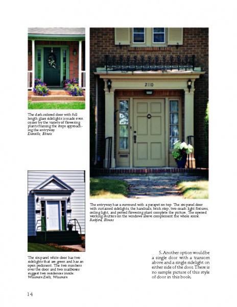 A page from "Entryways and Doorways" by Schiffer Publishing, Ltd. displays three photos of house entry doors with columns or trim, each captioned to describe the door style and features. The page has a white background with black text.