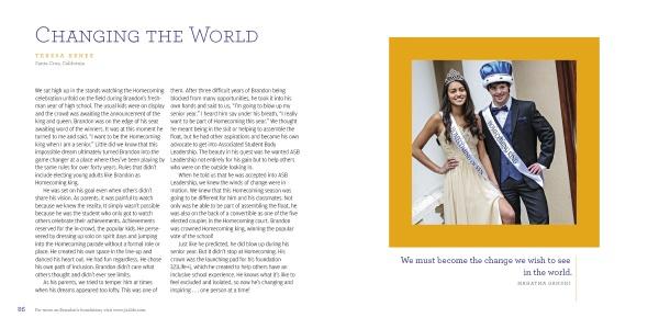A magazine spread from Schiffer Publishing, Ltd.’s "Reasons to Smile" features an inspiring story, showing a young woman with Down syndrome in a gown and tiara, and a young man in a suit and crown. Quote: We must become the change we wish to see in the world.