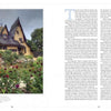 A whimsical, cottage-like house with steep rooflines and yellow walls embodies storybook architecture, surrounded by lush gardens. "Storybook Style" by Schiffer Publishing, Ltd. is featured, with text on the right under a cloudy sky.