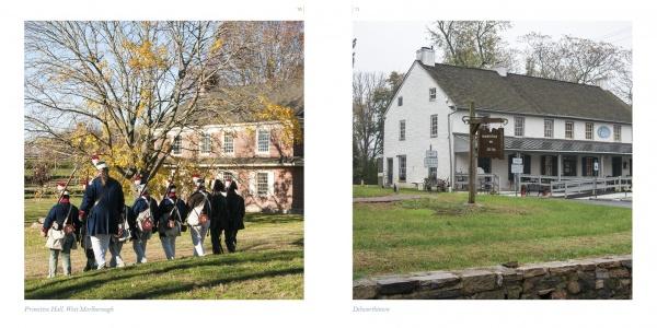 On the left, people in historical costumes pass a brick building; on the right, a white historic house stands among trees and grass, reflecting the charm of Brandywine Valley by Schiffer Publishing, Ltd. in Chester County, Pennsylvania.