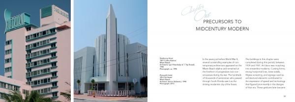 A modern collage: two vertical photos of Art Deco buildings left, text right titled The Architecture of Whimsy by Schiffer Publishing, Ltd., explores South Florida midcentury architecture in a minimalist layout.