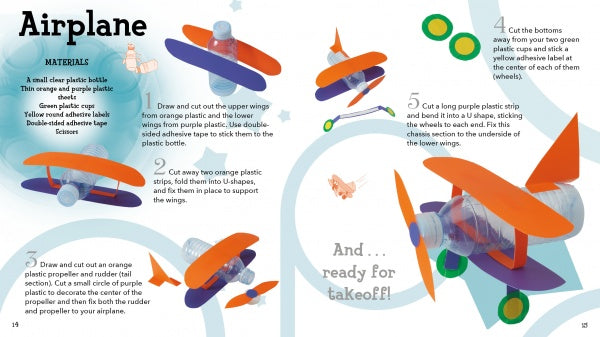 Schiffer Publishing, Ltd.'s "Plastic" offers a step-by-step illustrated guide to create an orange and purple toy airplane using plastic bottles, paper, and tape—ideal for recycling craft lovers with photos of materials, assembly, and the finished project.
