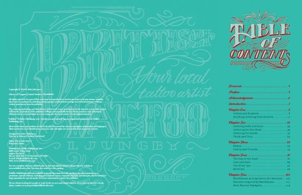 A teal page from Schiffer Publishing, Ltd.'s Tattoo Lettering & Banners has ornate white tattoo script on the left and copyright below. On the right, a red-and-white vintage Table of Contents banner sits above a detailed chapter list.