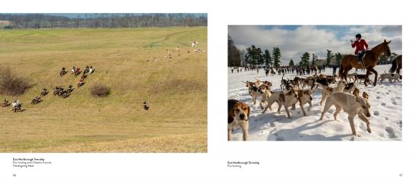 Two photos from "Chester County" by Schiffer Publishing, Ltd.: Left, riders and dogs cross a grassy field. Right, a rider in red leads dogs through snowy trees—a photographic journey through Chester County, Pennsylvania.