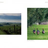 On the left, rolling green hills under clouds; on the right, five helmeted guinea fowls stroll a grassy field—a scene from "Back Roads of Northern California" by Schiffer Publishing, Ltd.