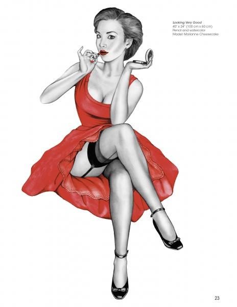 A confident woman in a red dress and black heels applies lipstick in this mostly black-and-white pin-up art from "The Contemporary Illustrated Pin-up" by Schiffer Publishing, Ltd., celebrating vintage style and feminine allure.