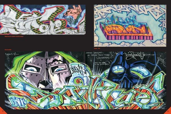 KOLORSTORM by Schiffer Publishing, Ltd. showcases a collage of graffiti art—abstract shapes and a hand, a 3D blue and pink piece, plus two stylized faces with vibrant NYC-inspired lettering—all bursting with color.