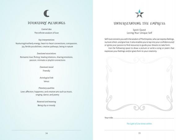 A two-page spread from the Mystic Spirit Tarot Playbook by Schiffer Publishing, Ltd. presents The Empress card's divinatory meanings, keywords, emotional themes, and space for personal insights on pastel blue backgrounds.