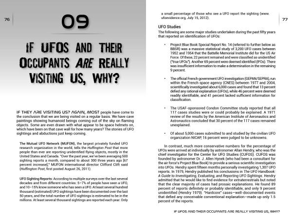 The two-page "Alien Abduction" spread by Schiffer Publishing, Ltd. explores UFOs and their occupants, boldly asking why they might visit, with section titles covering UFO studies and possible alien abductions.