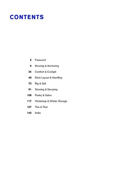 Table of contents page from Schiffer Publishing, Ltd.'s 333 Tips for Sailors features a blue CONTENTS heading and black text, listing sections like Foreword, Mooring & Anchoring, and more—perfect for enhancing any sailor’s boating experience.