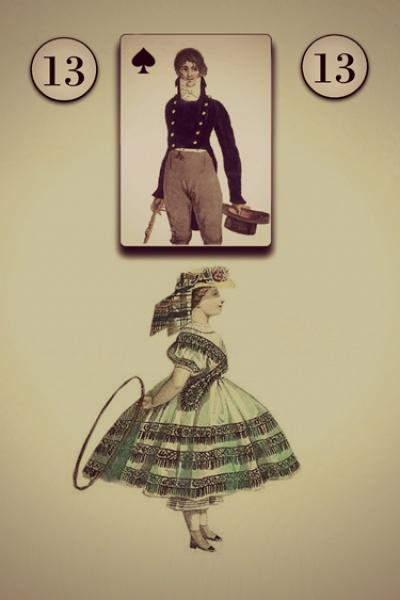 A vintage illustration from Schiffer Publishing, Ltd.'s Lenormand Oracle Cards shows two figures: above, a man with the number 13 on a card; below, a woman in a green dress holding a hoop, also marked with the number 13.