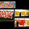 A collage from "Fresh Paint" by Schiffer Publishing, Ltd.: Four subway graffiti images—top left has vibrant, stylized letters "Farto"; the others show bold red and yellow NYC tags, mainly "Bik," on white tiled walls.