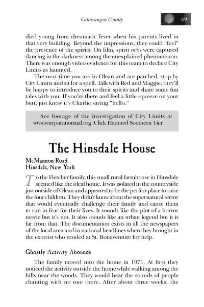 A page in "Ghosts of Southern Tier, NY" by Schiffer Publishing, Ltd. features The Hinsdale House hauntings, with a moon icon and page 69, notes about video footage, and text describing its famous supernatural events.
