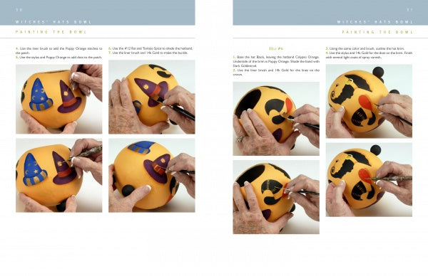 Step-by-step photo guide from Making Gourd Bowls with the Fairy Gourdmother® by Schiffer Publishing, Ltd. shows hands painting witches hats and faces on a gourd bowl with black, purple, red, and orange paint, adding creative details at each step.