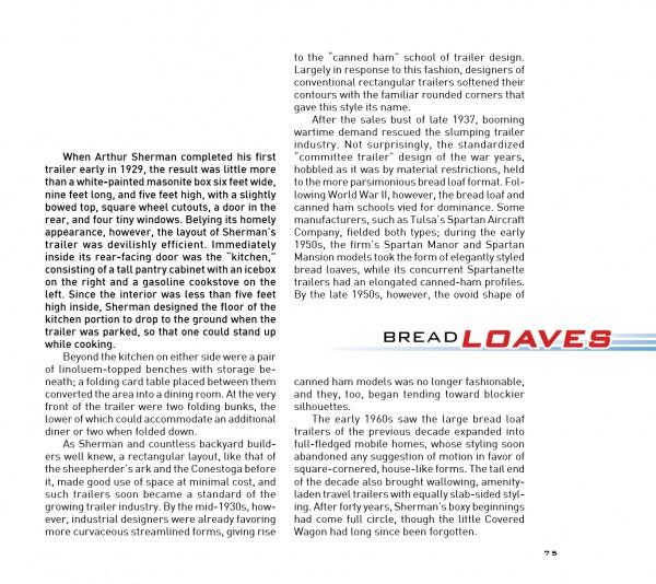 A magazine page with two columns of text about the history of Ready to Roll travel trailers; the words READY TO ROLL appear in bold, stylized font across the lower middle of the right column. Published by Schiffer Publishing, Ltd.