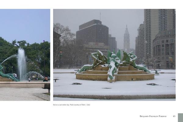 Side-by-side photos show a sunny city fountain and the same spot snow-covered amid skyscrapers—a classic Philadelphia scene showcased in "Monuments and Memorials of Philadelphia" by Schiffer Publishing, Ltd.