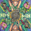 A vibrant, symmetrical card from The Everyday Enchantment Tarot by Schiffer Publishing, Ltd. displays mirrored green-skinned women amid plants, flowers, bees, snails, cherries, moths, and a coiled snake on a sunflower in a detailed nature motif.