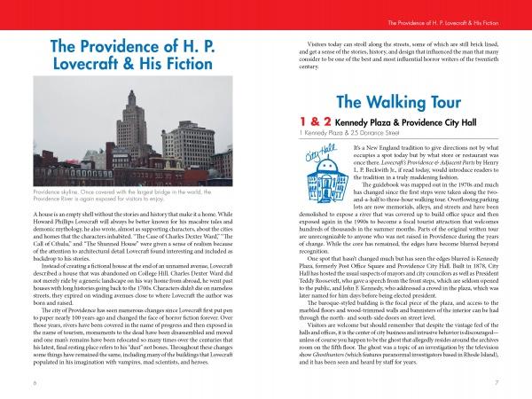 A two-page spread from Schiffer Publishing’s "Guidebook to Haunted & Strange Places in Rhode Island and Surrounds" shows the Providence skyline, text on H.P. Lovecraft sites, info on haunted tours, and an illustration of City Hall.