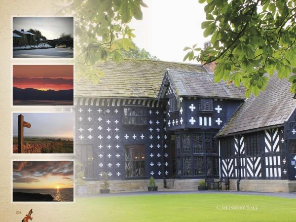 A historic black-and-white timbered building, labeled Samlesbury Hall—linked to Lancashire ghost tales. On the left, five nature photos show sunsets, a snowy road, and countryside. From "Lancashire Folk" by Schiffer Publishing, Ltd.