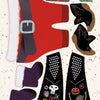 From Schiffer Publishing, Ltd.’s "Yikes! Santa Claus is in His Underpants!", festive cut-out pieces include Santa pants, boots, gifts, and two guitar-shaped items with rock-and-roll symbols and phrases like “Rock” and “Noise,” plus a starry background.