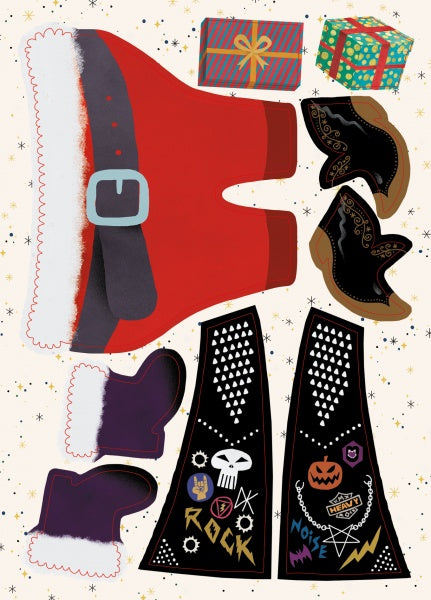 From Schiffer Publishing, Ltd.’s "Yikes! Santa Claus is in His Underpants!", festive cut-out pieces include Santa pants, boots, gifts, and two guitar-shaped items with rock-and-roll symbols and phrases like “Rock” and “Noise,” plus a starry background.