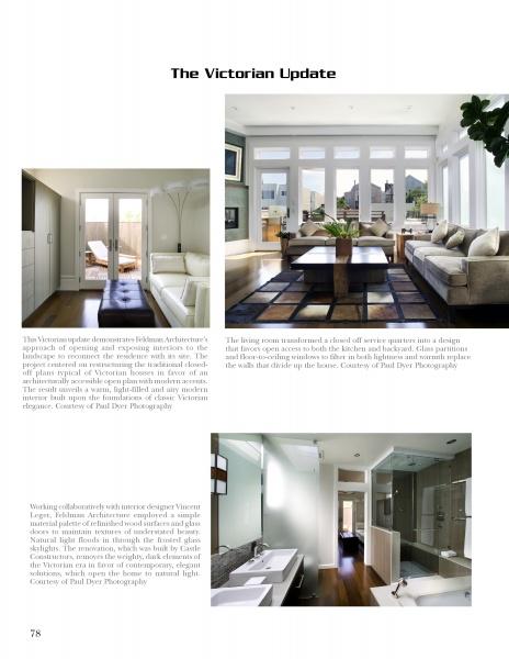 A magazine page for "Today's Historic Interiors" by Schiffer Publishing, Ltd. displays four photos of bright, modern homes with large windows and sleek bathrooms, alongside text on renovating and updating historic houses with contemporary design.