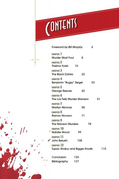 The table of contents page for Hollywood Obscura by Schiffer Publishing, Ltd. features a red "Contents" banner, lists chapters on Hollywood and famous murders with page numbers, and has red blood splatter graphics on the bottom corners.