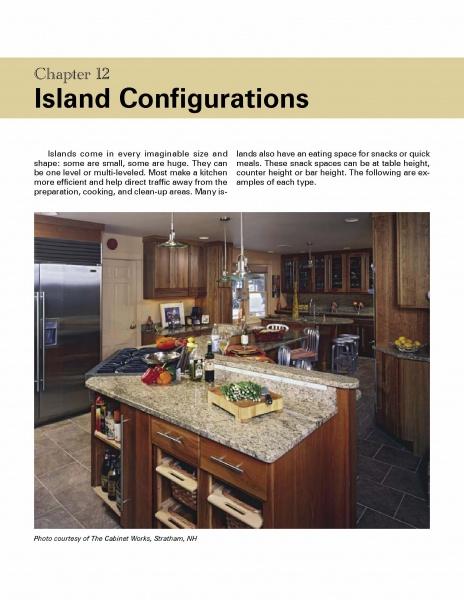 A modern kitchen from Schiffer Publishing, Ltd.'s The Kitchen Guide showcases a granite island with stools and decor. Wooden cabinets and stainless steel appliances complete the look, with text on island configurations featured above.