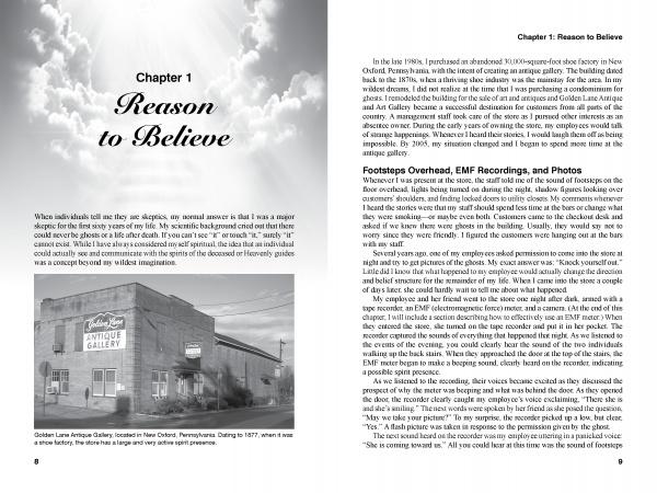 Chapter 1 of Afterlife: What Really Happens on the Other Side (Schiffer Publishing, Ltd.) features a black and white photo of an antique gallery and discusses paranormal experiences, EMF recordings, and mysteries of spirit communication.