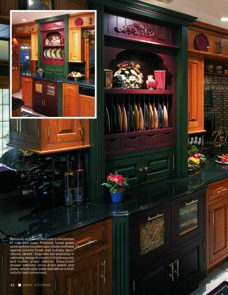 Great Kitchens by Schiffer Publishing, Ltd. showcases luxurious kitchen designs with dark green and wood cabinetry, black countertops, decorative plates, floral accents, and custom storage solutions for an elegant look.