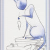 A blue watercolor cat in classic tarot style sits on a box, holding a mouse by its tail, with the word HANGED below. Inspired by Beth Seilonen, from the Bleu Cat Tarot by Schiffer Publishing, Ltd.