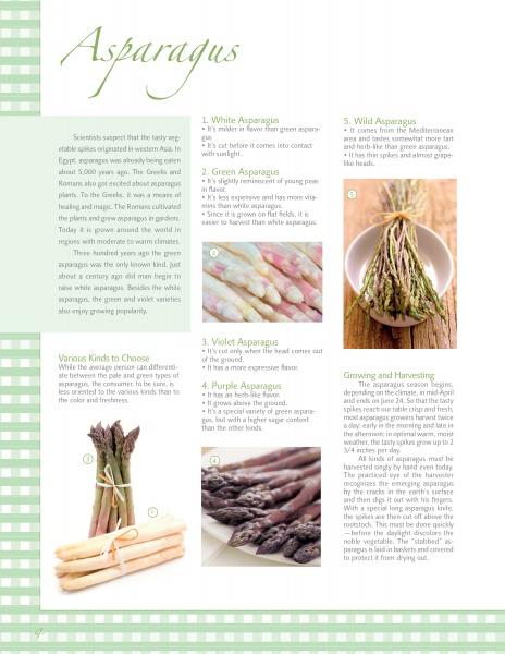 A recipe page in Schiffer Publishing, Ltd.’s "Asparagus & Strawberries" features photos and descriptions of white, green, violet, and wild asparagus, highlighting each variety’s traits, harvesting tips, and delicious spring recipes.