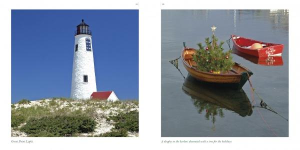 Left: A tall white lighthouse stands on a grassy sandy hill under a blue sky. Right: A small boat with a Christmas tree floats on calm water—a charming Nantucket scene. Nantucket by Schiffer Publishing, Ltd.