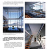 A magazine page showcases modern interiors from "Hollywood Bachelor Pads" by Schiffer Publishing, Ltd., with floor-to-ceiling windows, scenic views, a dining area, and a staircase with wood steps and glass railings, plus celebrity home design text.