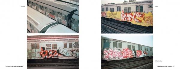 Four photos from "Don1, The King from Queens" by Schiffer Publishing, Ltd. show NYC subway cars with colorful graffiti—tags like DON 1 MAFIA and vivid red, yellow, orange, pink, and white designs—viewed outdoors from different angles.