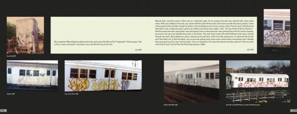 From the Platform 2 by Schiffer Publishing, Ltd. features a collage of seven photos of Bronx subway graffiti on train cars, with captions and text on a black background, reflecting 1980s graffiti and New York hip-hop culture.