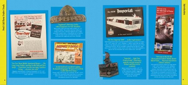 A two-page spread in "Don't Call Them Trailer Trash" by Schiffer Publishing, Ltd. features vintage RV ads, photos, brochures, memorabilia, and text on a blue background, with yellow sidebars for Introduction and Born to Run Trailer Trash.