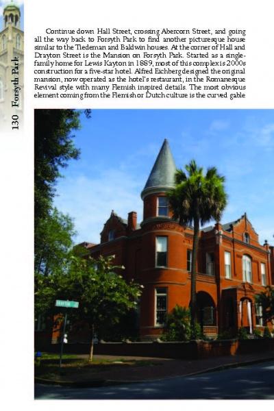 Savannah Architectural Tours by Schiffer Publishing, Ltd. features a large red-brick mansion with a tall turret, arched windows, and decorative trim on a tree-lined corner. Informative text appears above and beside the image.