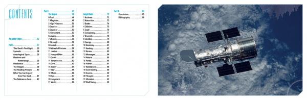The table of contents is on the left; on the right, a satellite with solar panels orbits Earth, clouds and blue atmosphere below—like First Light Tarot by Schiffer Publishing, Ltd., a 66-card set offering a higher perspective for your readings.