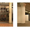 Left: Ponce City Market's industrial wall with switches and gauges reflects classic architecture. Right: A colorful hallway mural shows black silhouettes of children playing on a red and yellow backdrop.